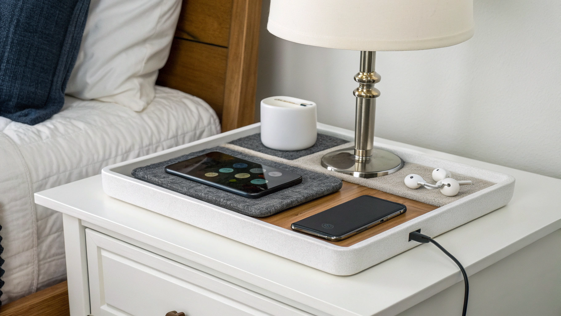 Комбинированная беспроводная зарядка 3-в-1 для телефона, часов и наушников на тумбочке