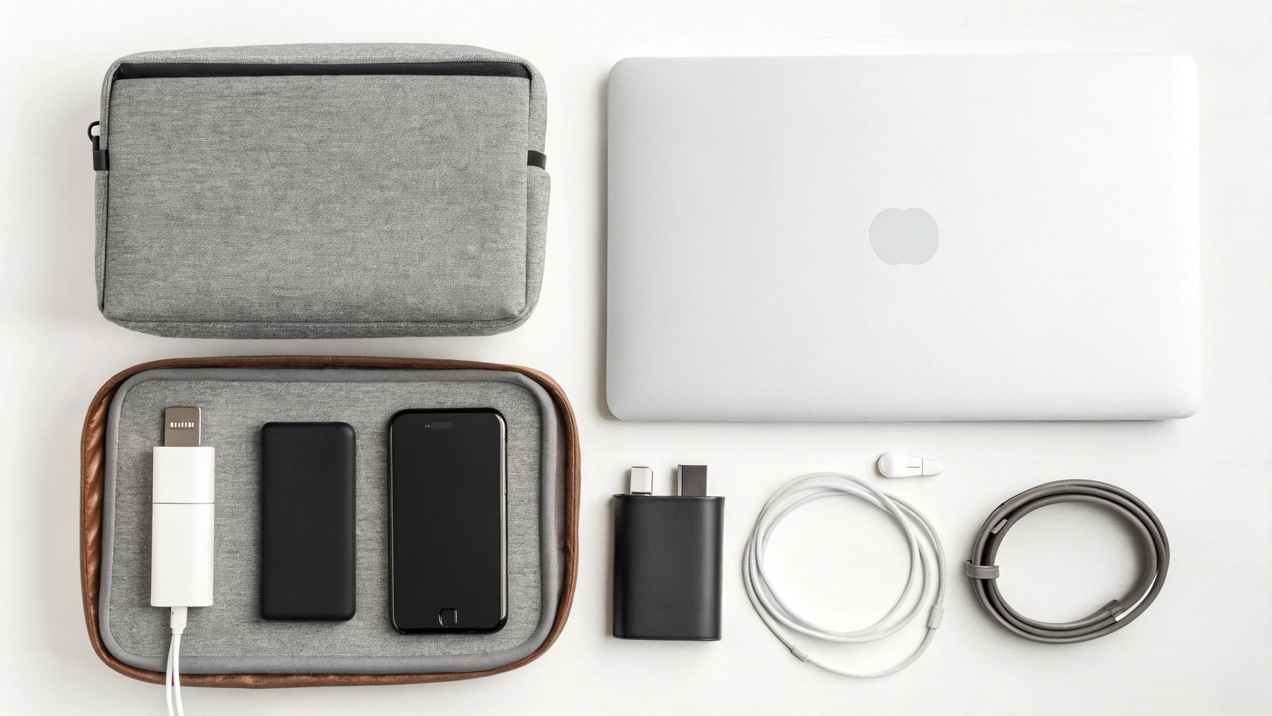 Набор зарядных аксессуаров для iPhone и MacBook в путешествии