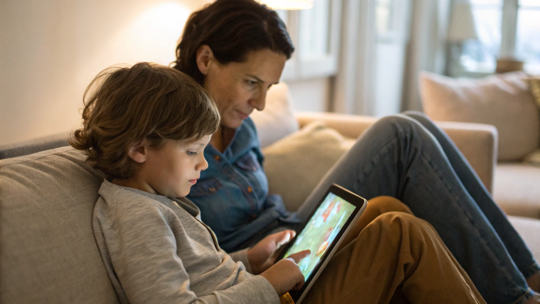 Ребёнок играет на iPad в детском режиме под присмотром родителей