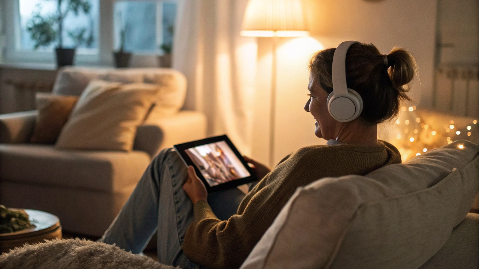 Пользователь смотрит фильм на iPad с беспроводными наушниками дома