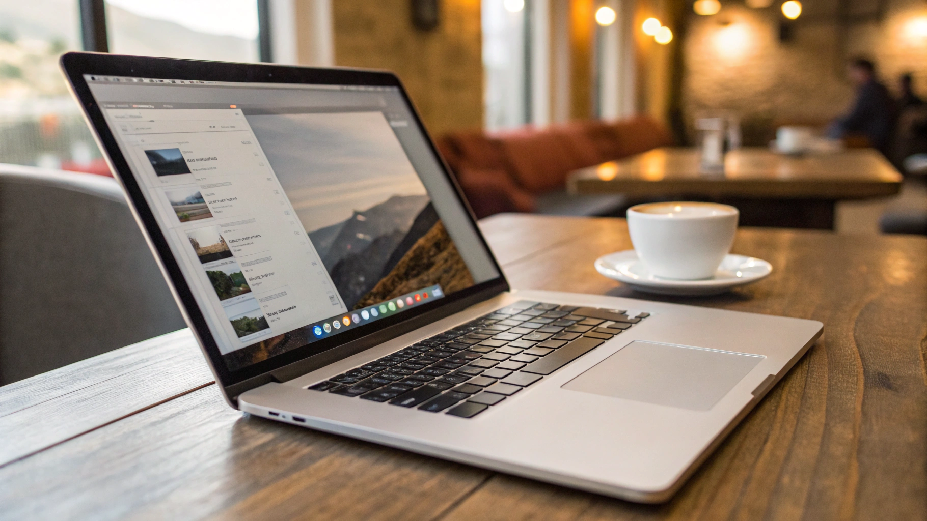 MacBook на столе в кафе с акцентом на время работы от батареи