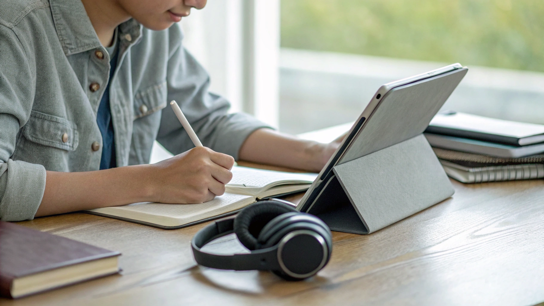 Студент делает заметки стилусом на компактном планшете за рабочим столом