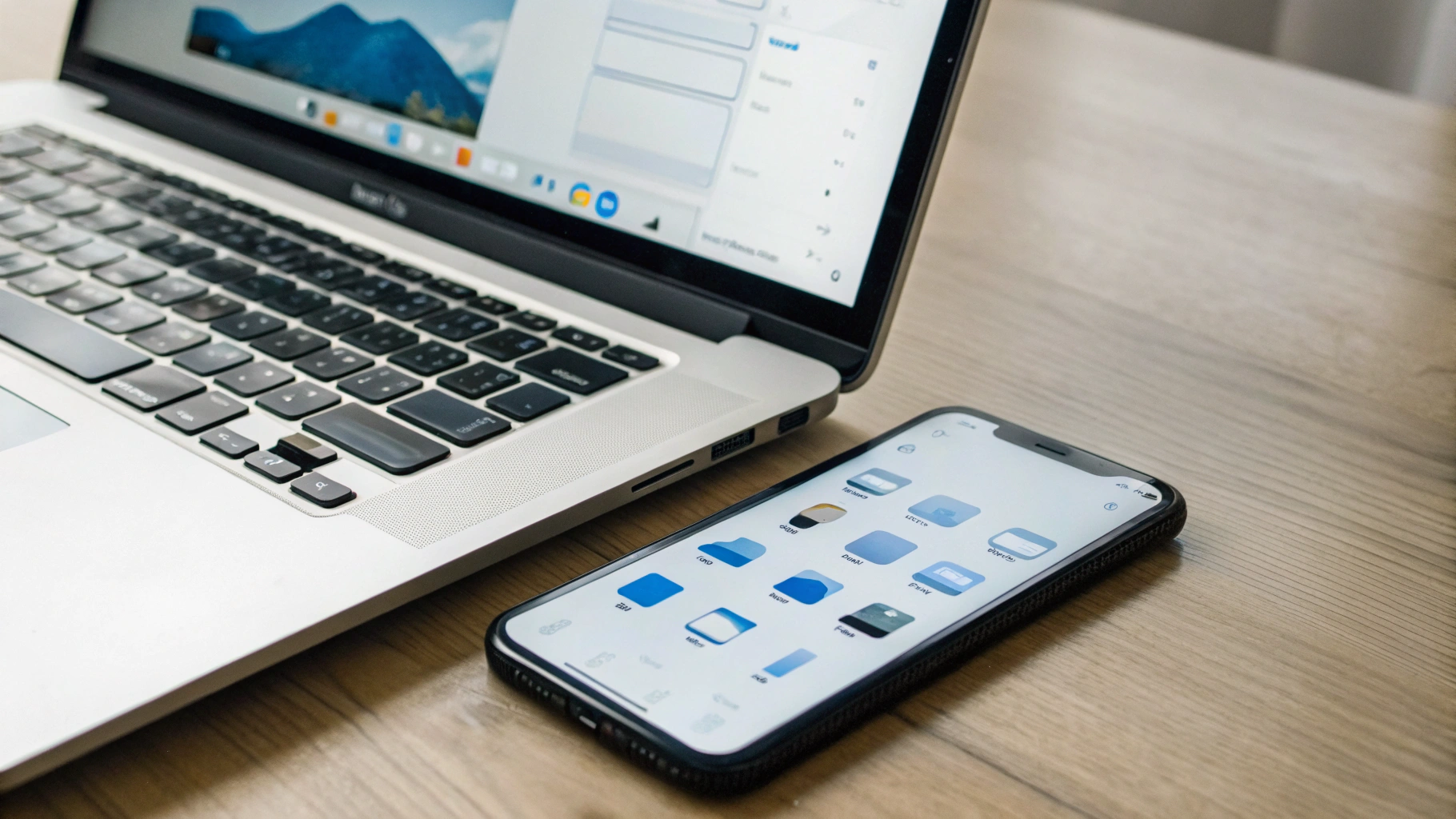 Mac и Android‑смартфон с открытыми приложениями облачного хранения для синхронизации файлов