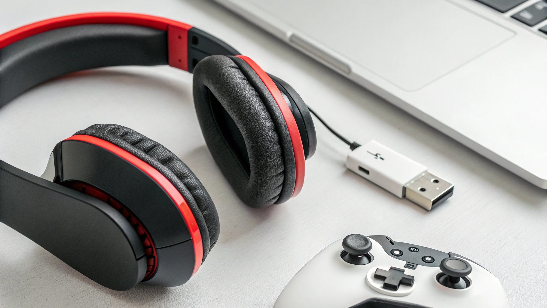 Современная беспроводная игровая гарнитура с USB‑донглом рядом с приставкой