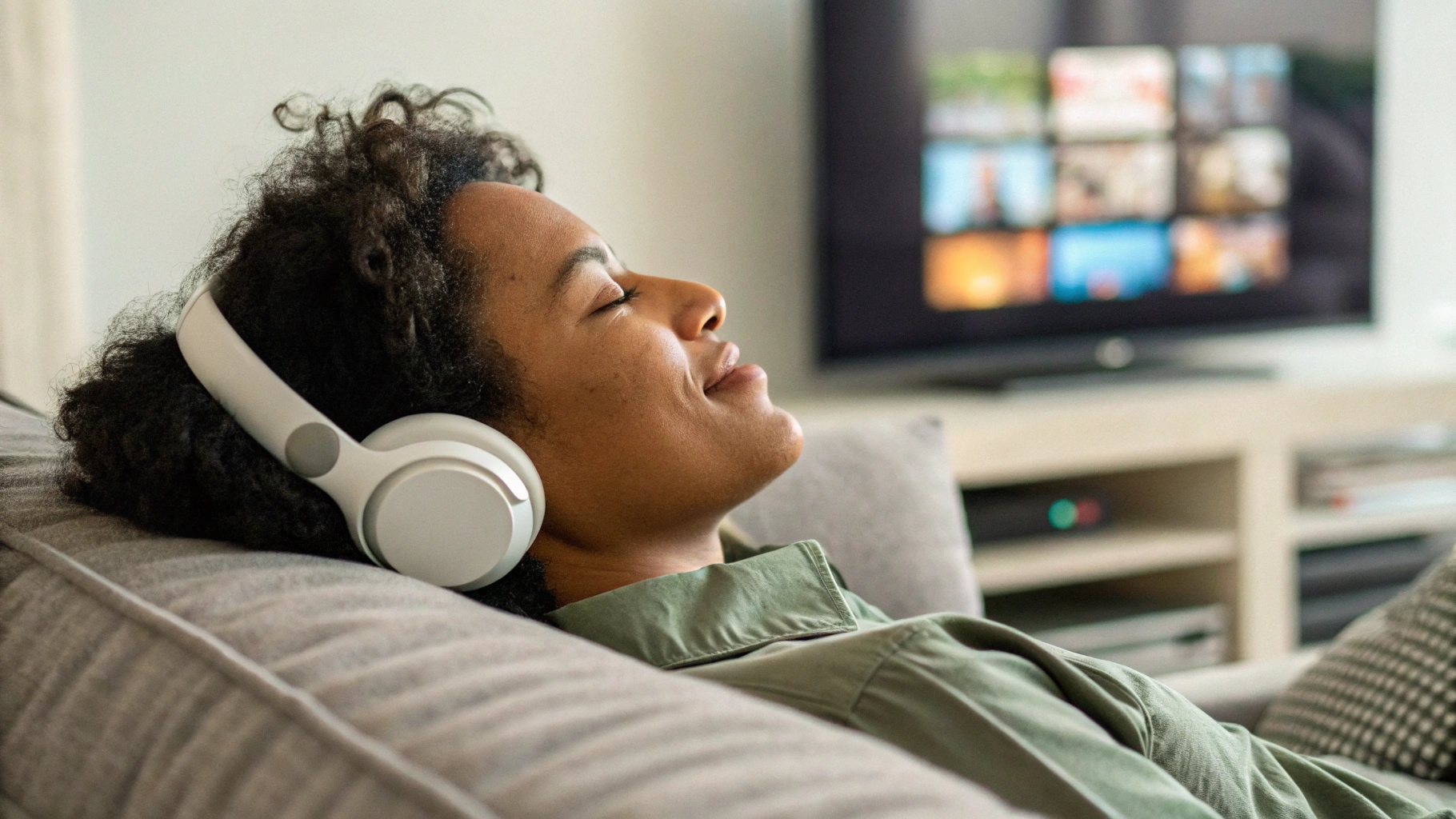 Человек в полноразмерных беспроводных наушниках смотрит Apple TV на большом экране