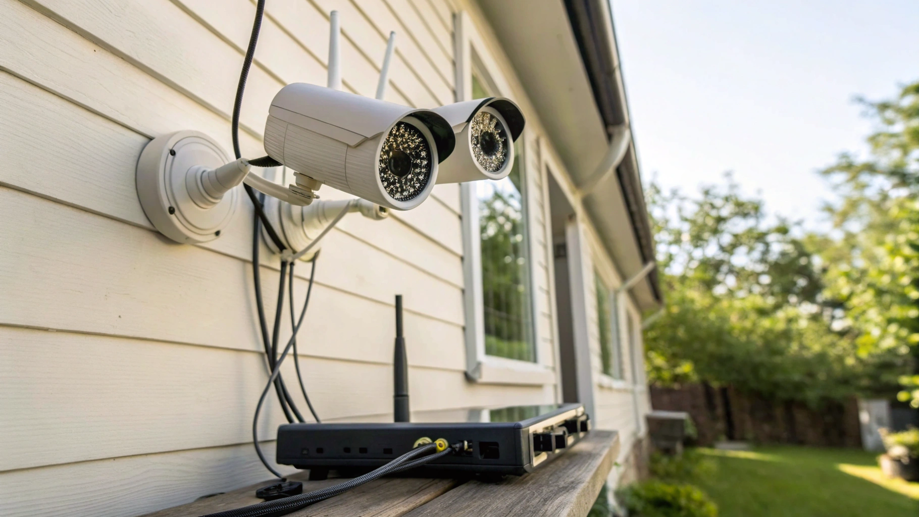 Уличные IP‑камеры на фасаде дома, подключённые к домашнему роутеру