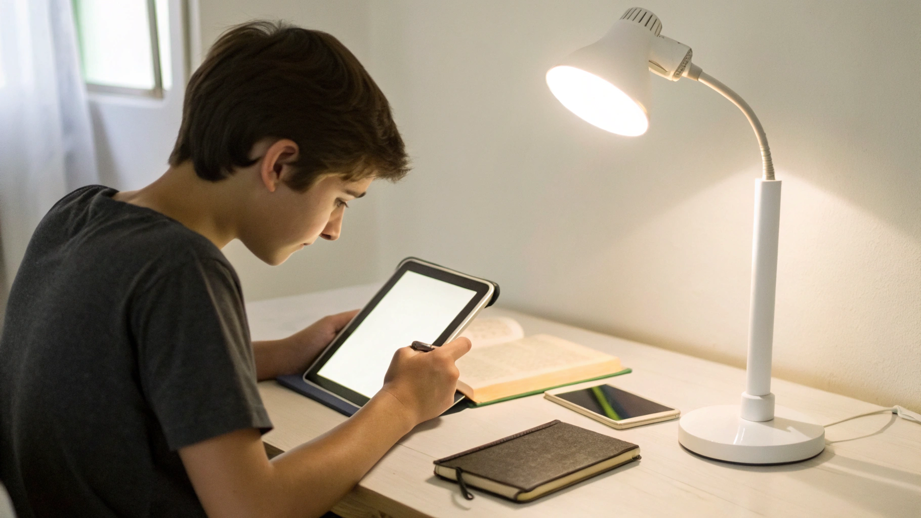 Студент использует Android‑планшет и iPhone для учебы