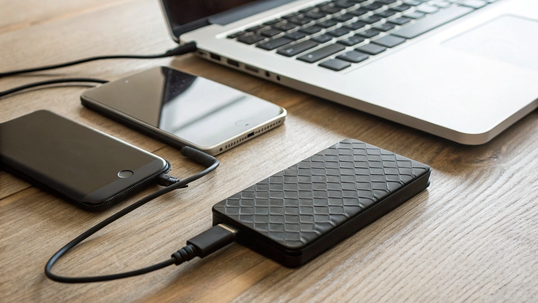 Внешние HDD и SSD рядом с ноутбуком и смартфонами на столе