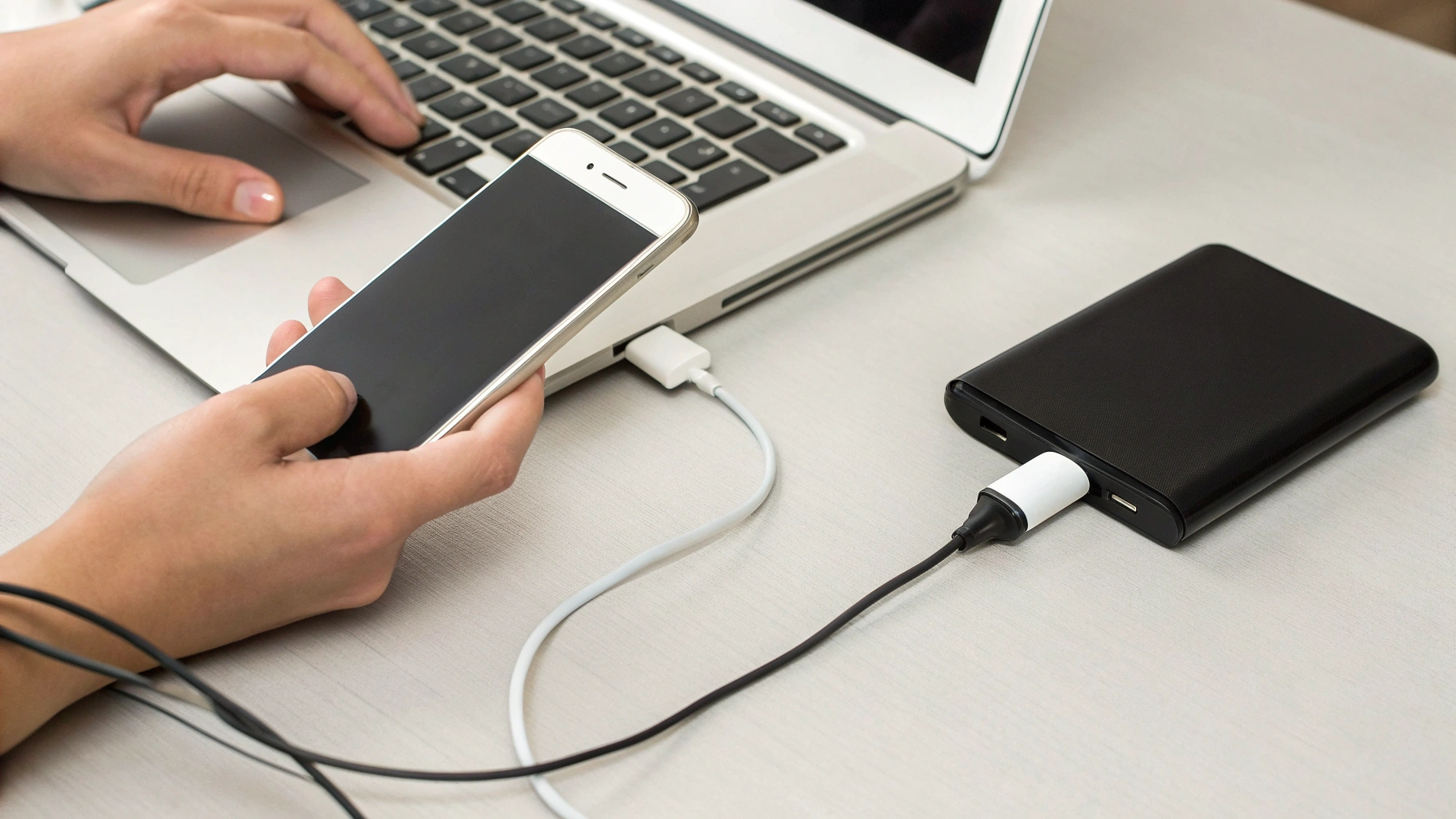 Руки подключают iPhone и Android к ноутбуку и внешнему диску для копирования фото