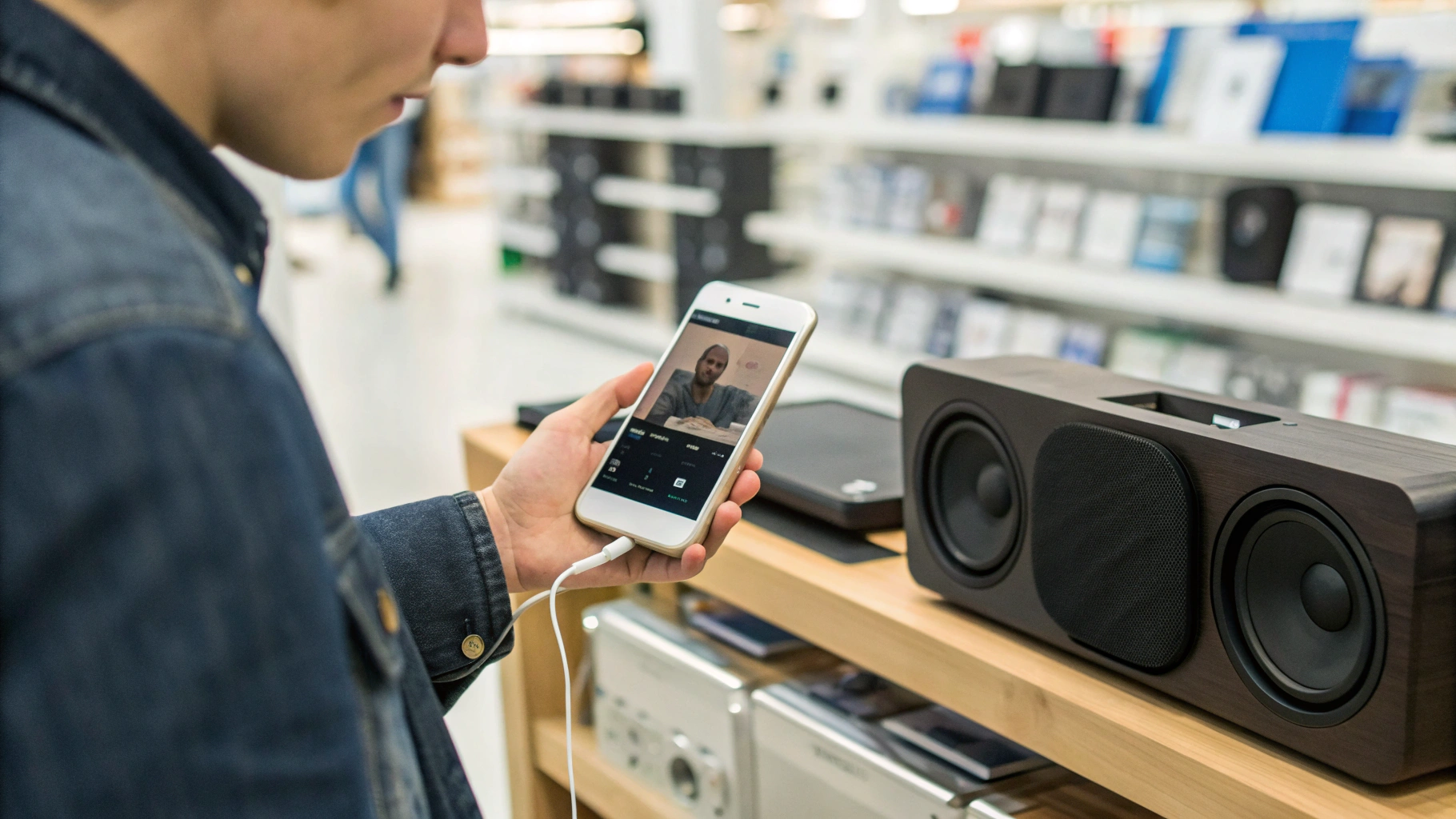 Пользователь проверяет стереодинамики современного смартфона в магазине