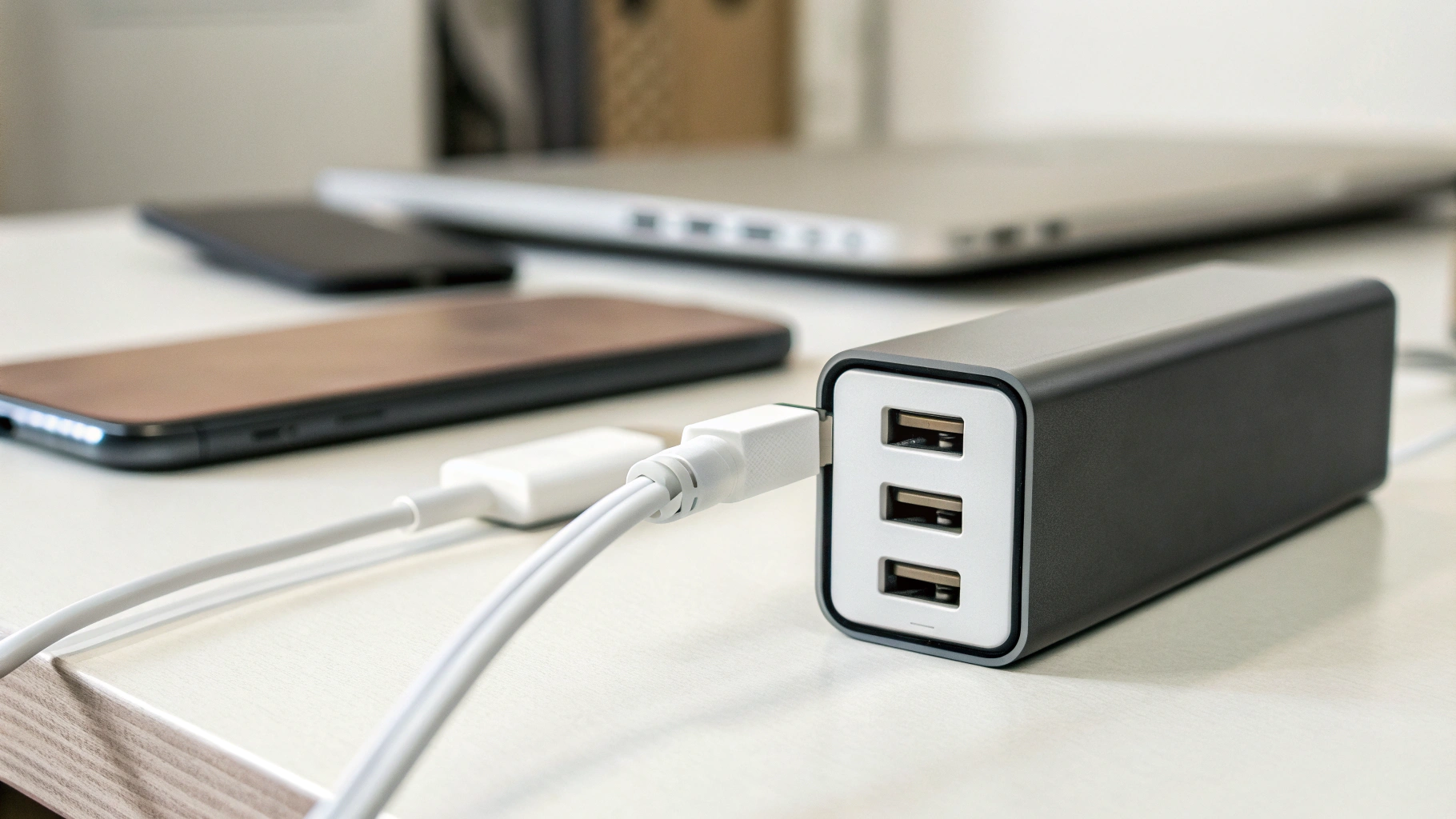 GaN‑зарядный блок с несколькими USB‑C портами на столе крупным планом