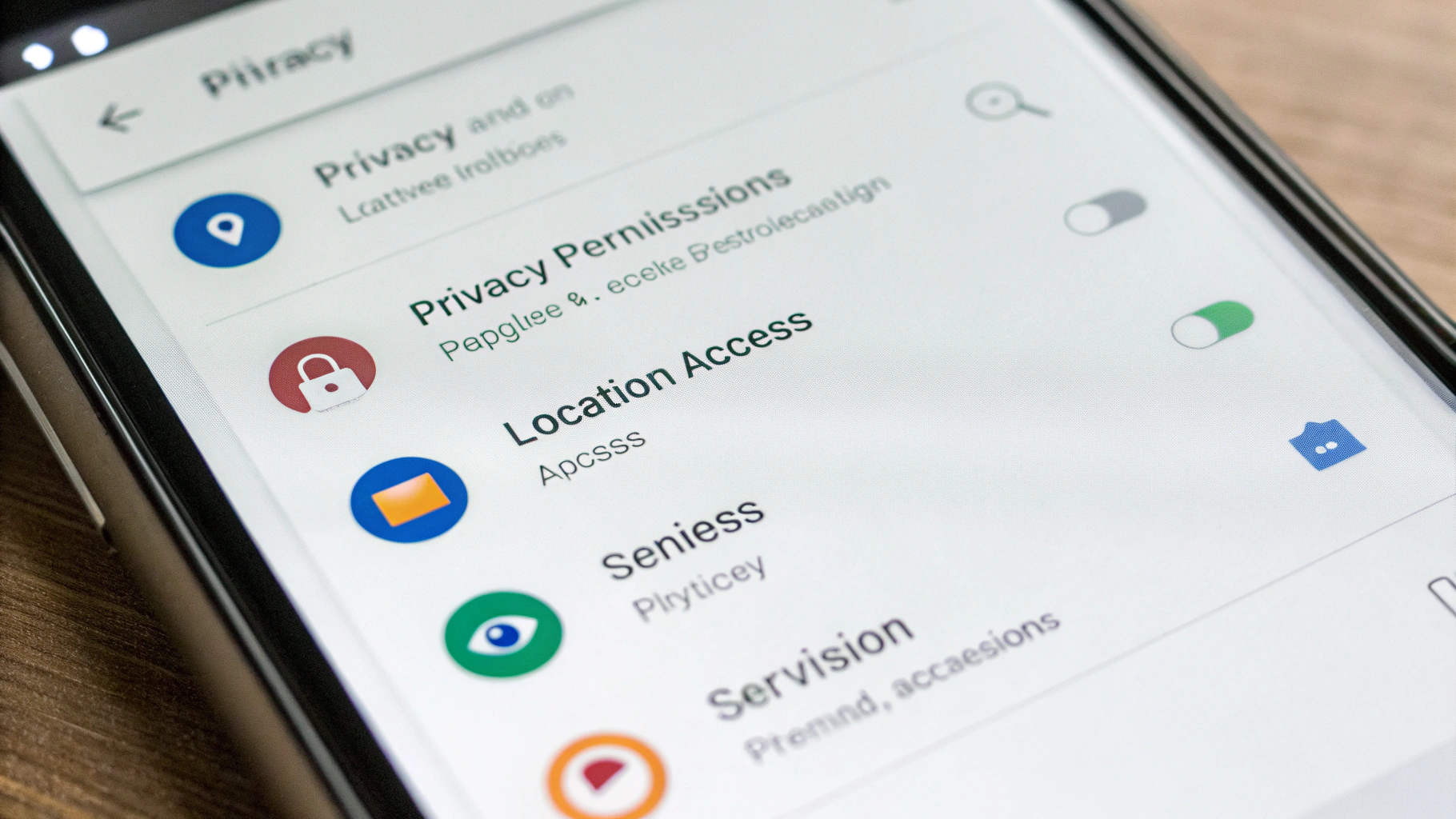 Экран смартфона с настройками конфиденциальности и доступа к геолокации в Android 15