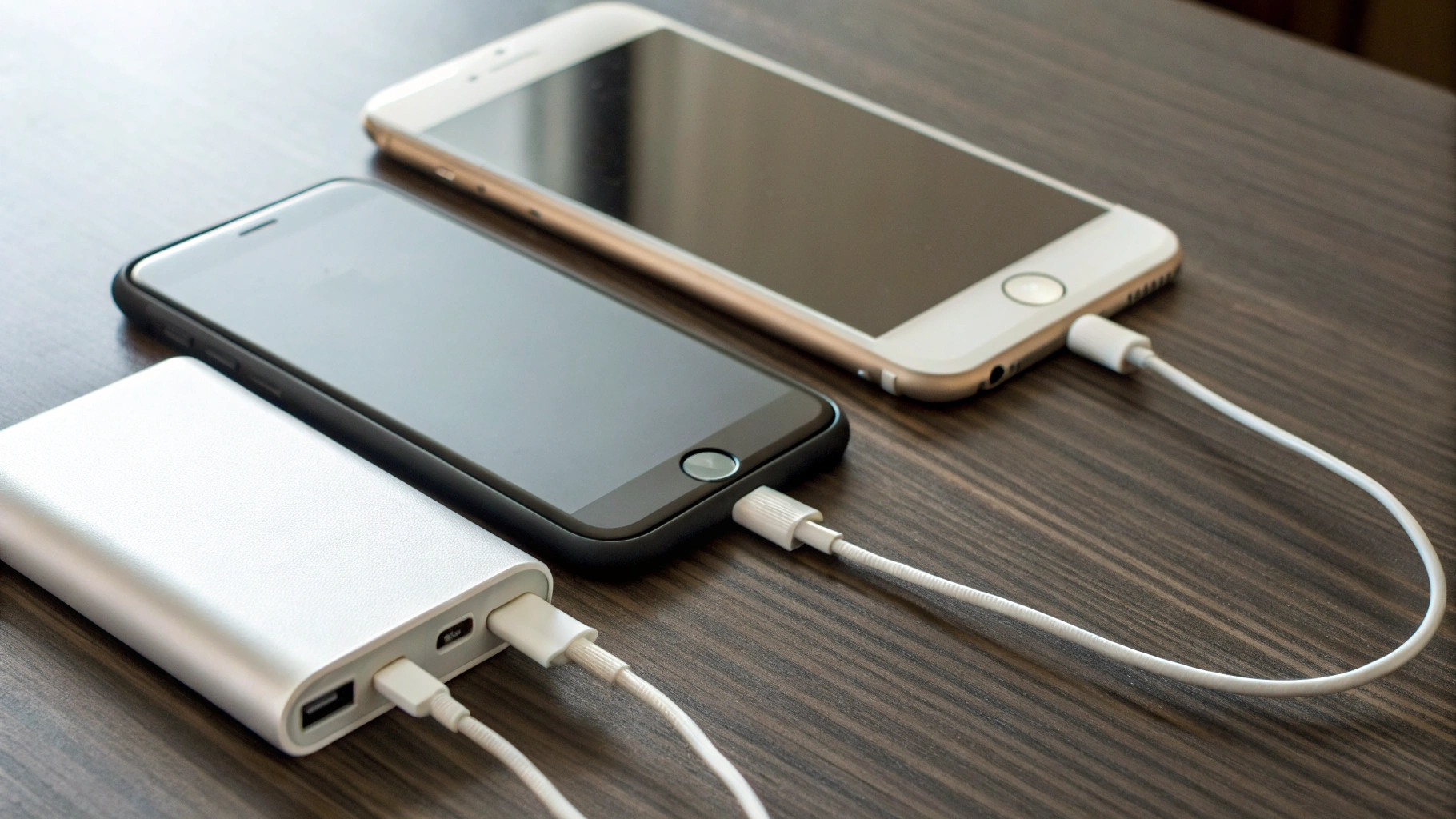 Два айфона разных поколений на столе рядом с пауэрбанком