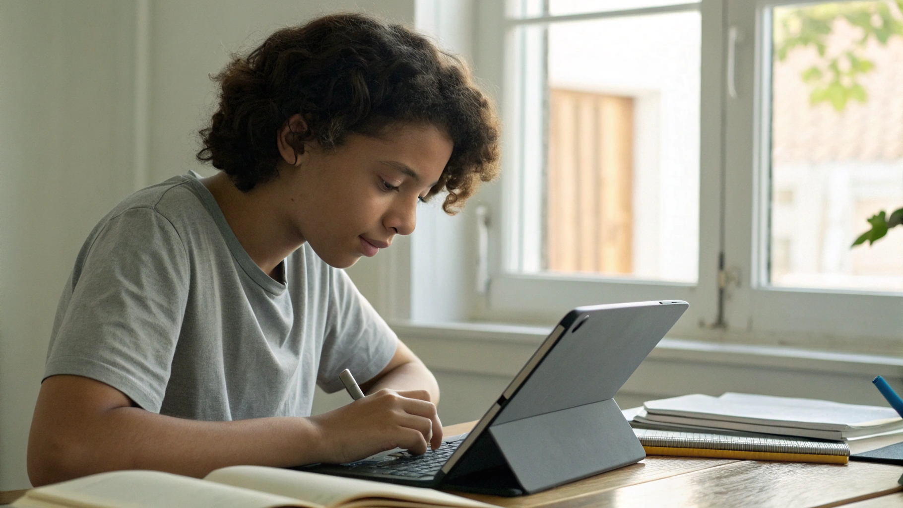 Студент работает за партой с iPad Air, клавиатурой и стилусом