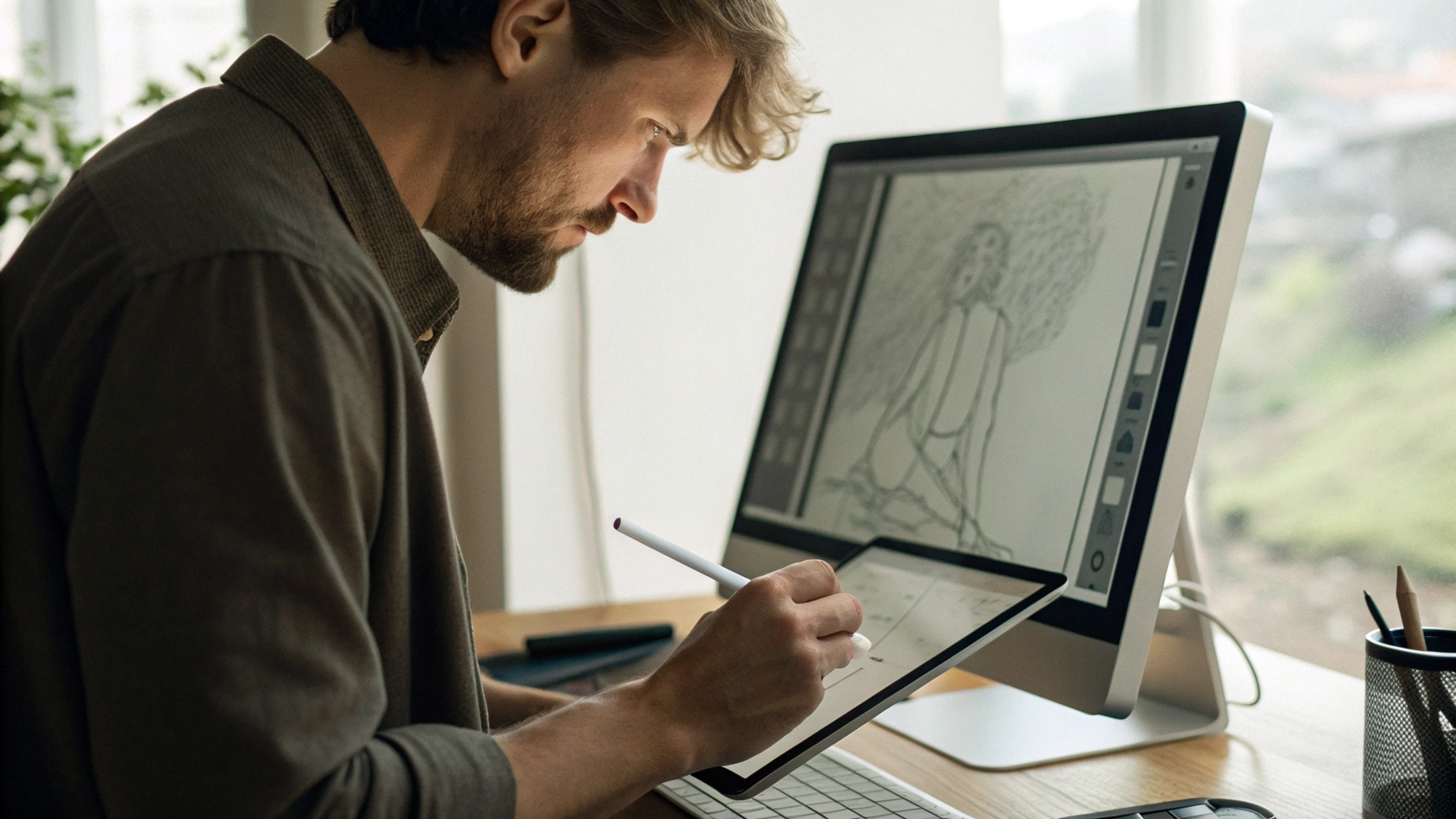 Дизайнер рисует на iPad Pro со стилусом, подключён внешней монитор