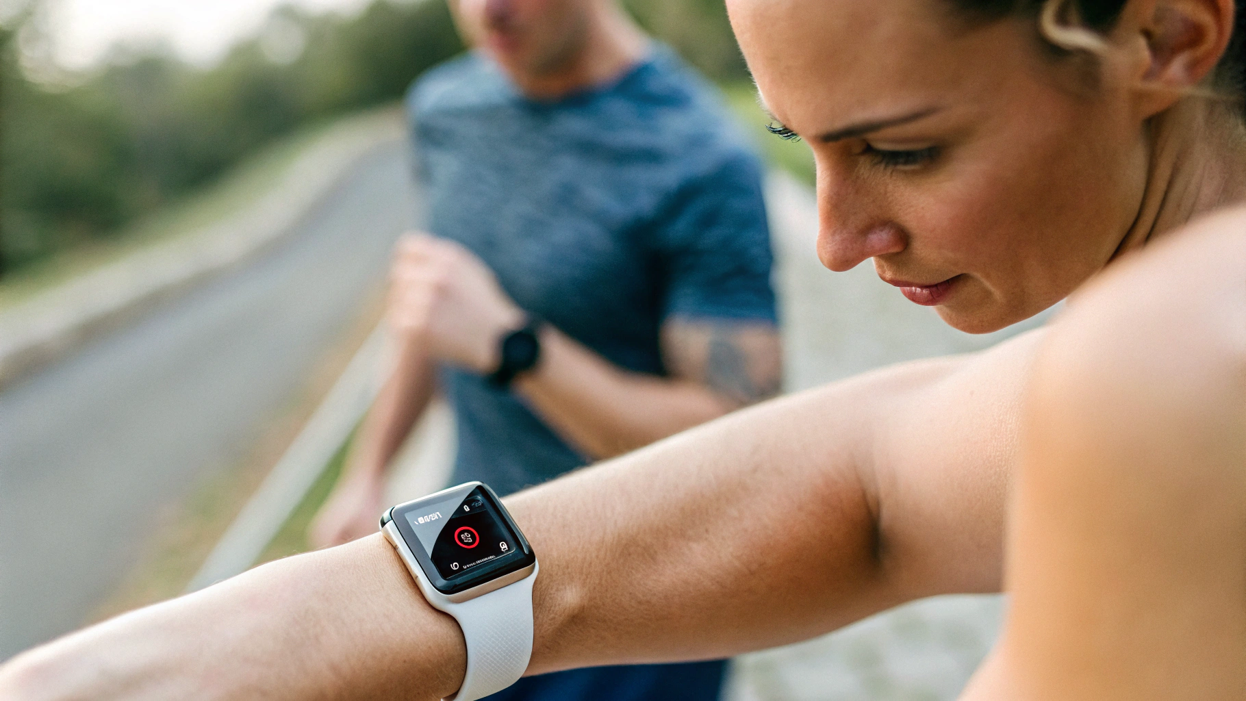 Бегун смотрит расширенные беговые метрики на экране Apple Watch во время тренировки