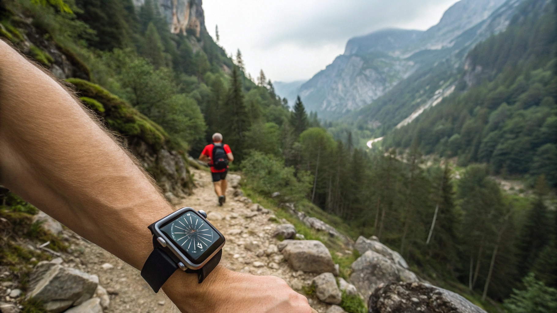 Трейлраннер в горах использует защищённые часы для навигации и профиля высоты
