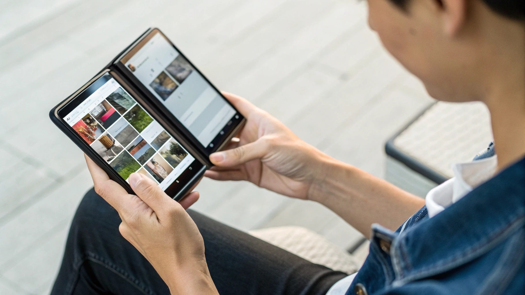 Пользователь держит складной смартфон Samsung Galaxy с открытой многозадачностью One UI 9