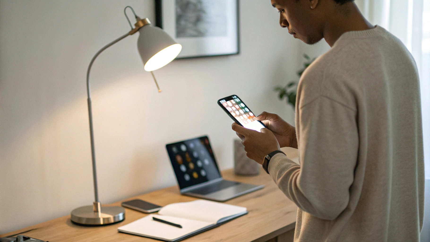 Пользователь держит в руках iPhone и Android‑смартфон, выбирая, какой купить