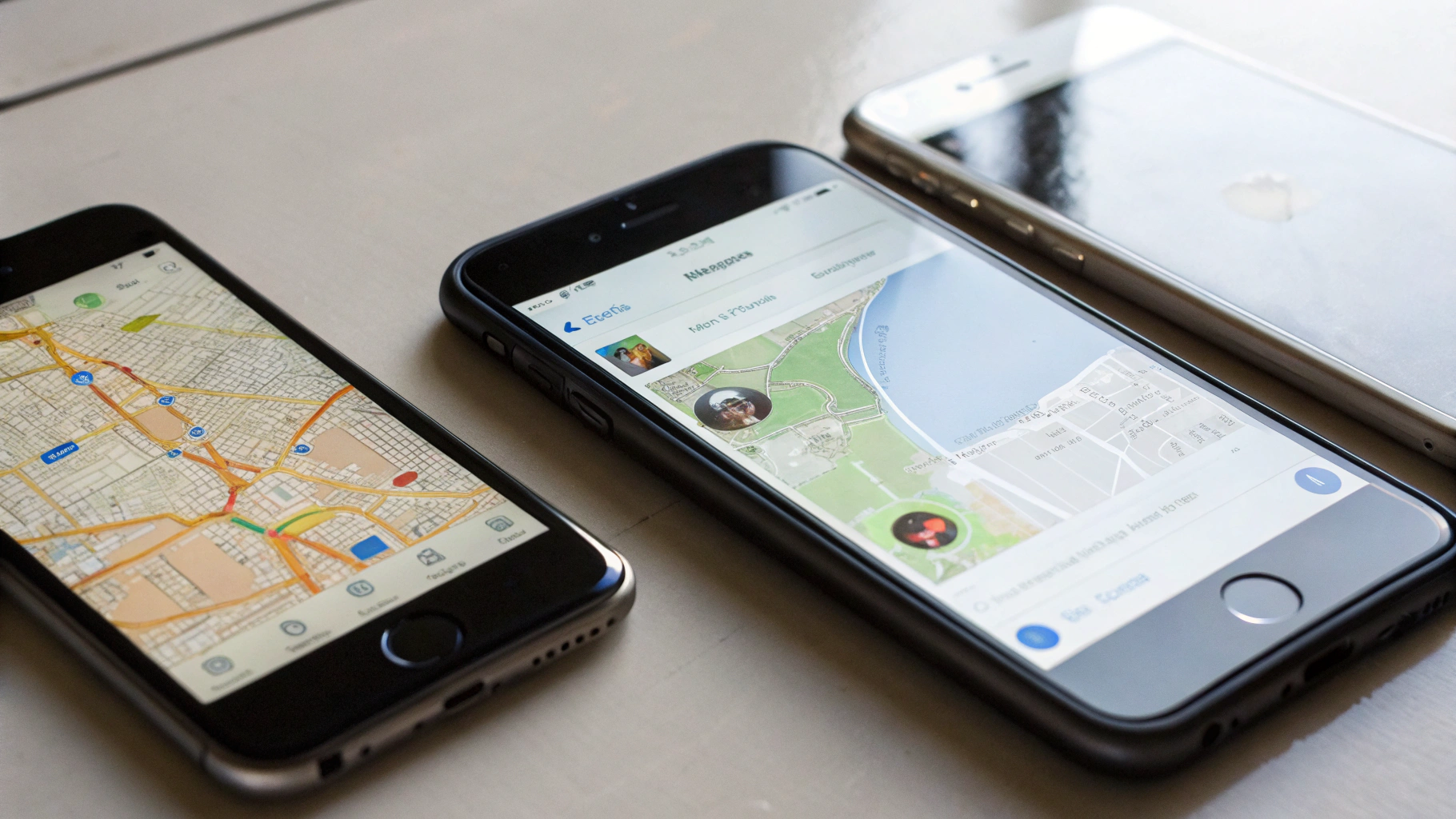 Три смартфона на столе с открытыми мессенджерами и навигатором на экране