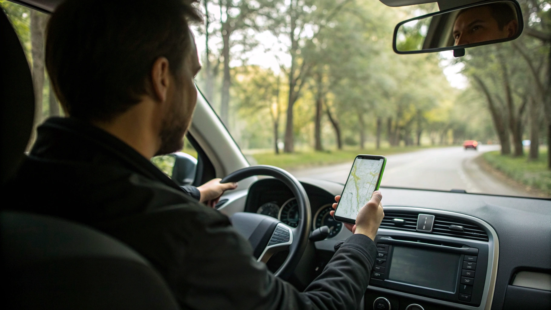 Смартфон с навигатором, закрепленный на панели автомобиля