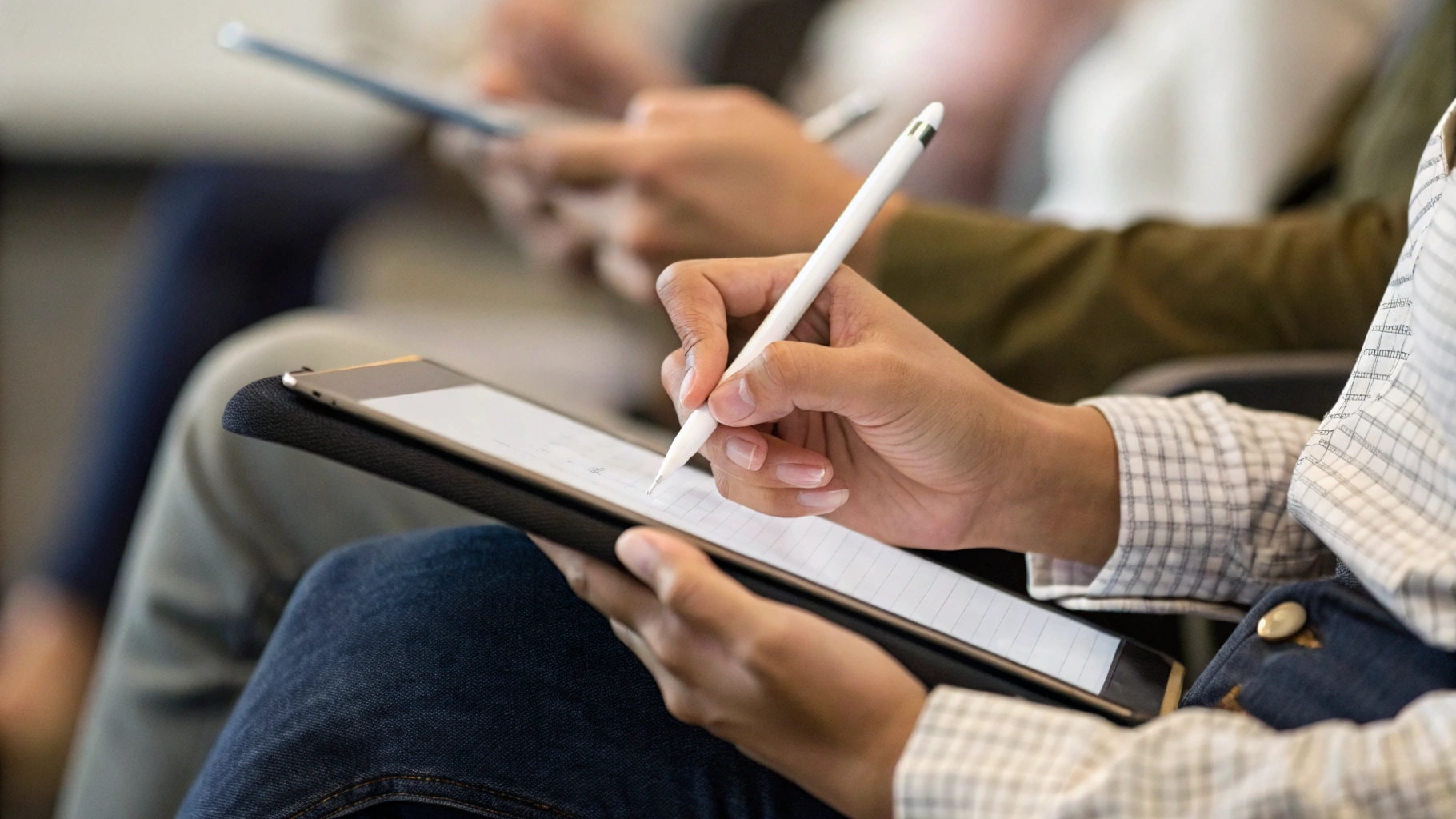 Студент делает рукописные конспекты на планшете со стилусом во время лекции