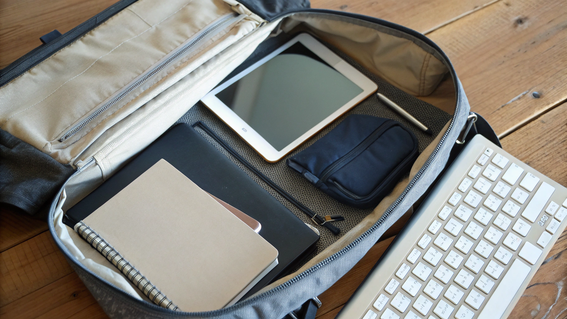 Рюкзак с планшетом и клавиатурой рядом с тетрадями на столе
