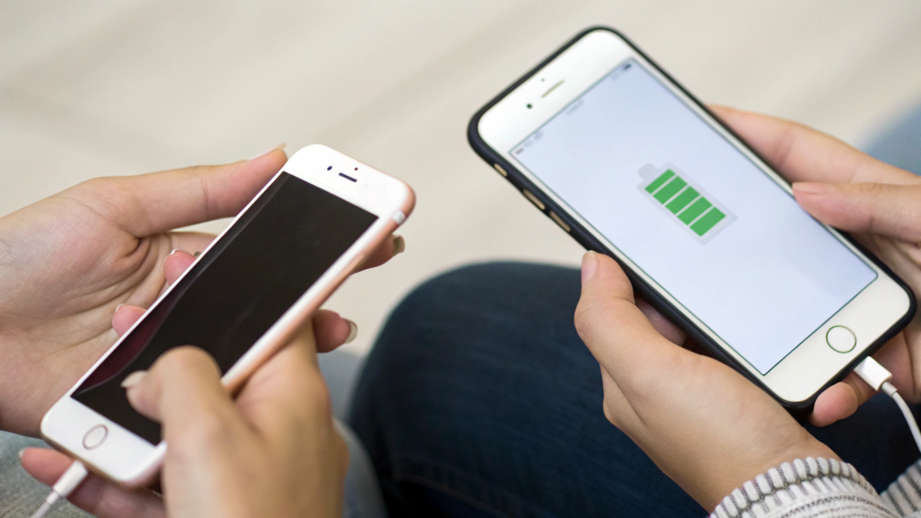 Покупатель сравнивает состояние аккумулятора на двух iPhone в настройках