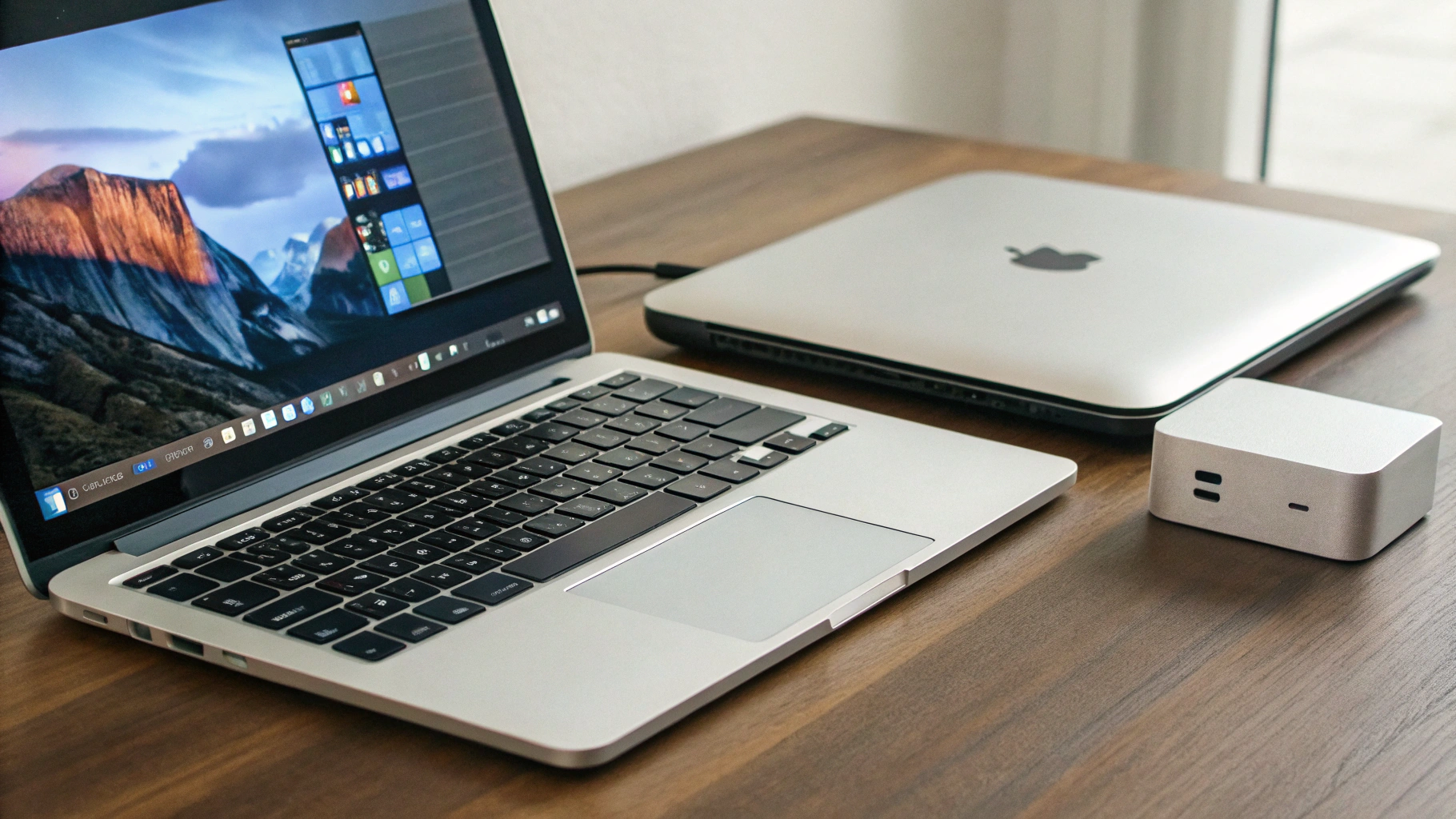 На столе рядом стоят MacBook, ультрабук на Windows и компактный mini‑ПК