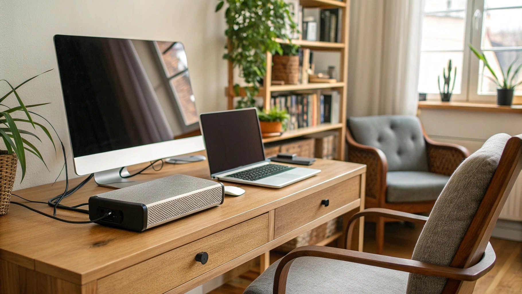 Домашнее рабочее место с mini‑ПК и монитором рядом с закрытым ноутбуком