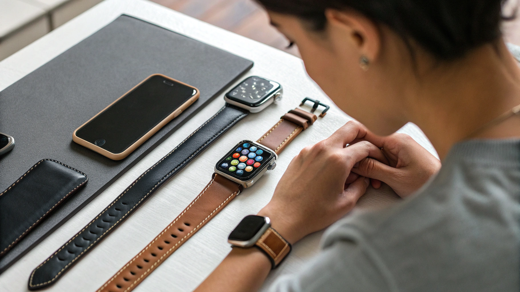 Человек сравнивает смарт-часы с разными экранами и ремешками рядом со смартфоном