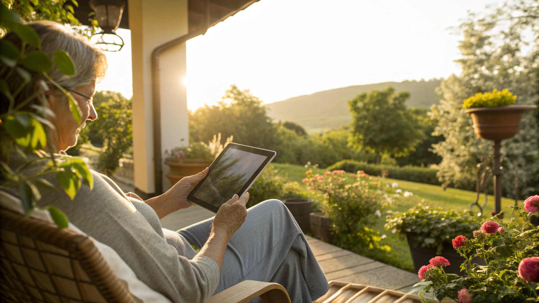 Пользователь с планшетом на дачной веранде пользуется интернетом по LTE