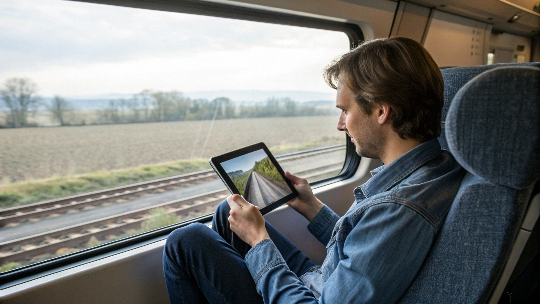 Путешественник в поезде пользуется планшетом с LTE для фильмов и интернета