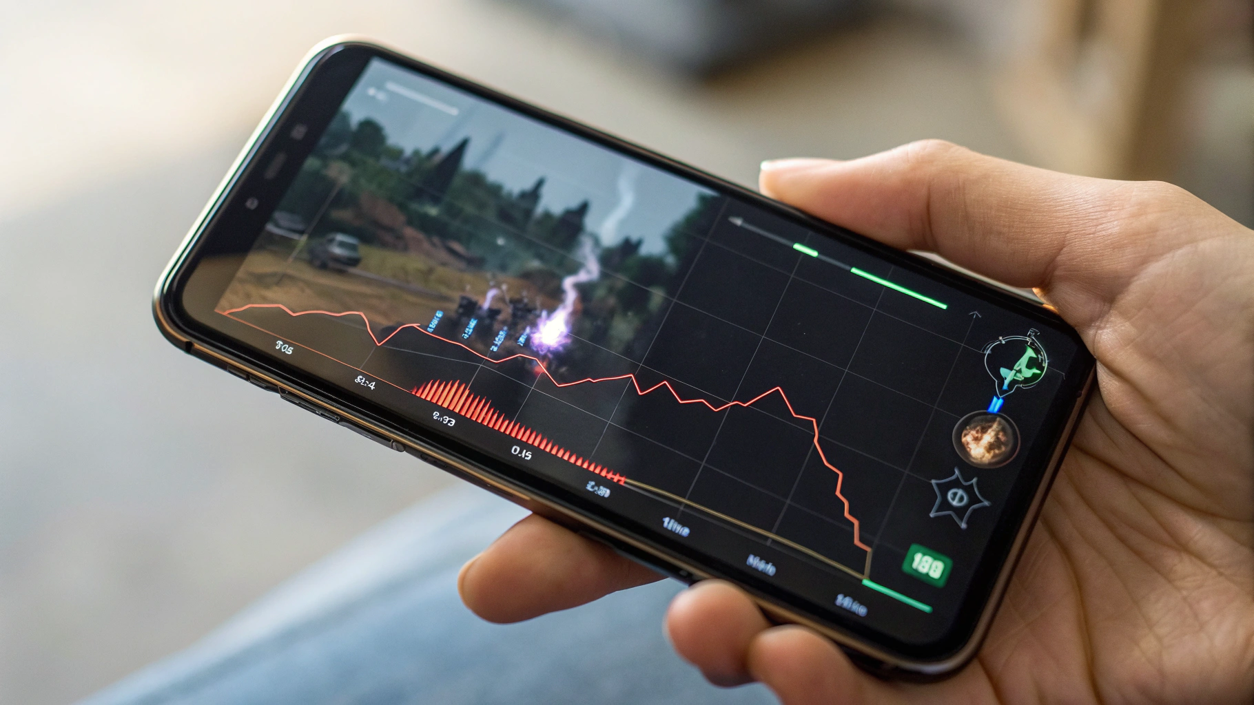 График FPS и производительности мобильной игры на экране смартфона