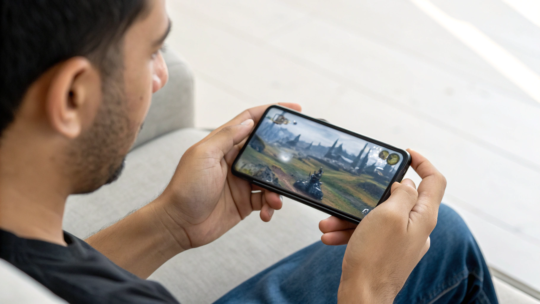 Игрок настраивает графику и FPS в игре на смартфоне без чехла