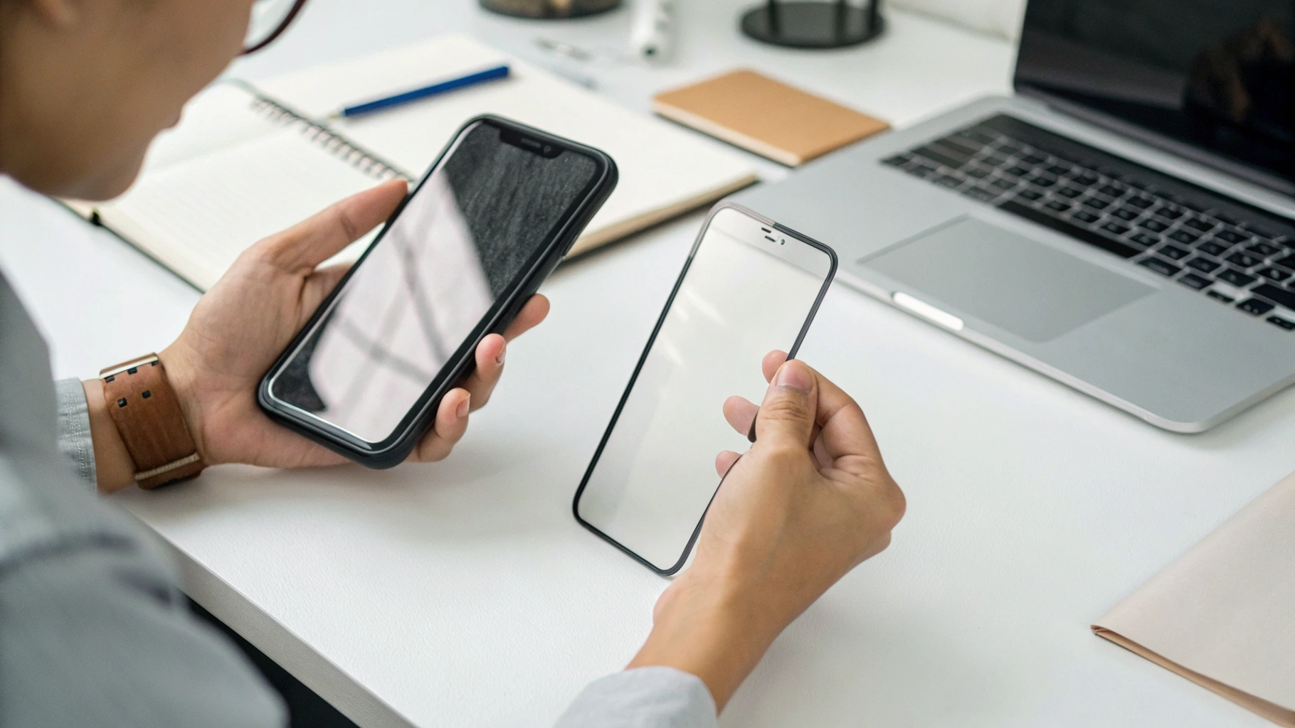 Человек на столе выбирает между защитным стеклом и плёнкой для экрана смартфона