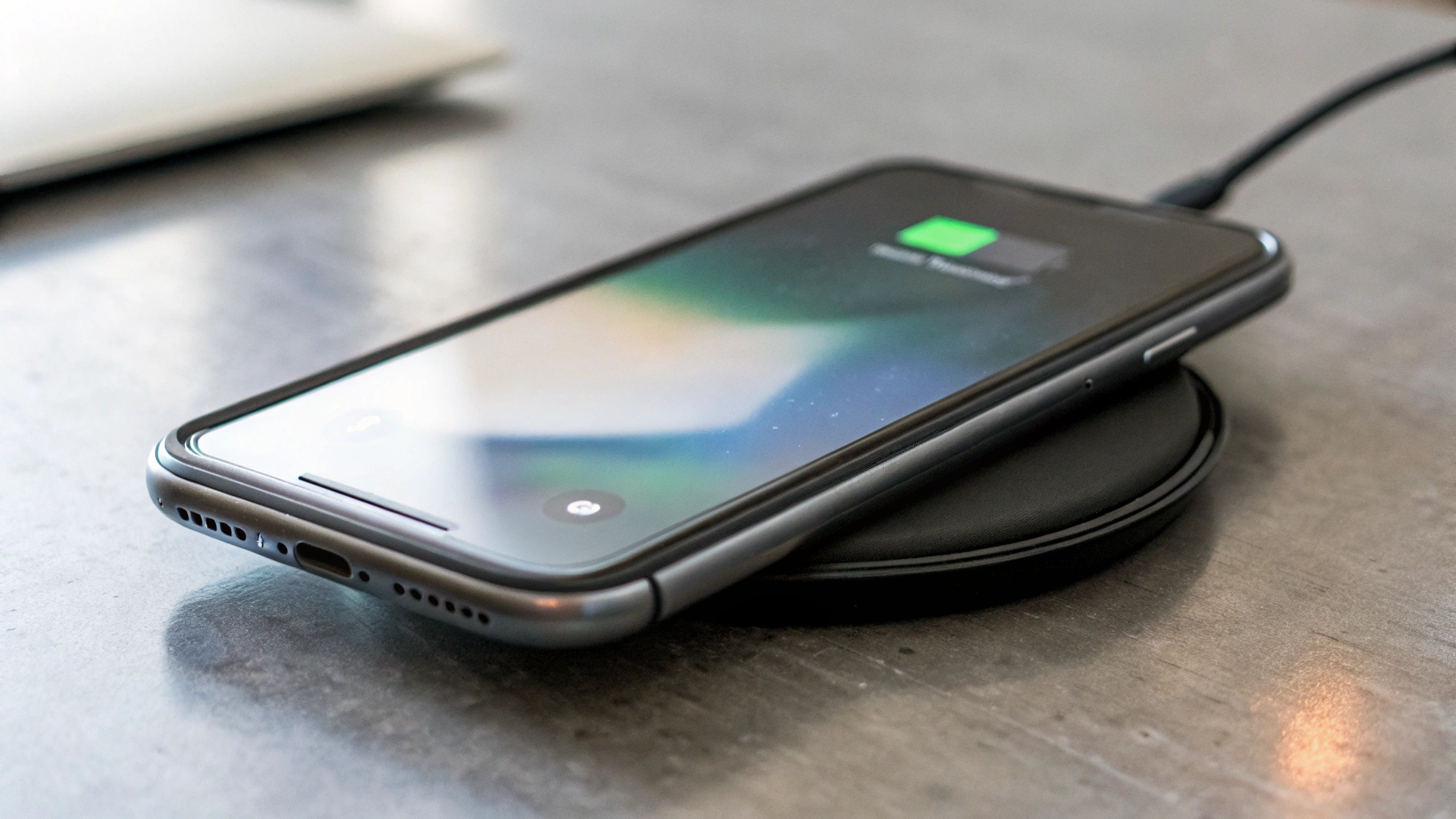 Смартфон на беспроводной зарядке с отображением уровня заряда батареи на экране