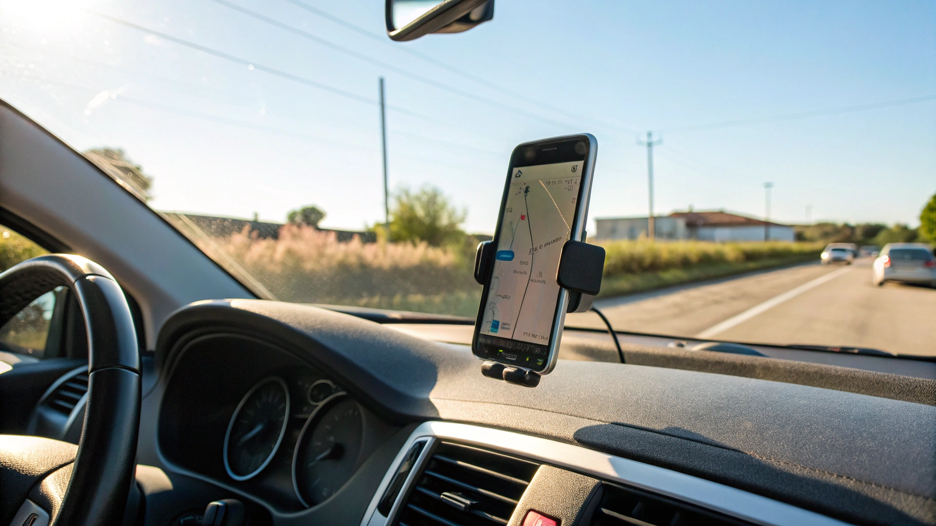 Смартфон с навигатором на торпеде автомобиля под летним солнцем