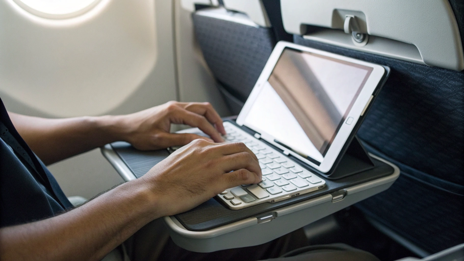 Работа на iPad Pro с клавиатурой на маленьком столике в самолёте