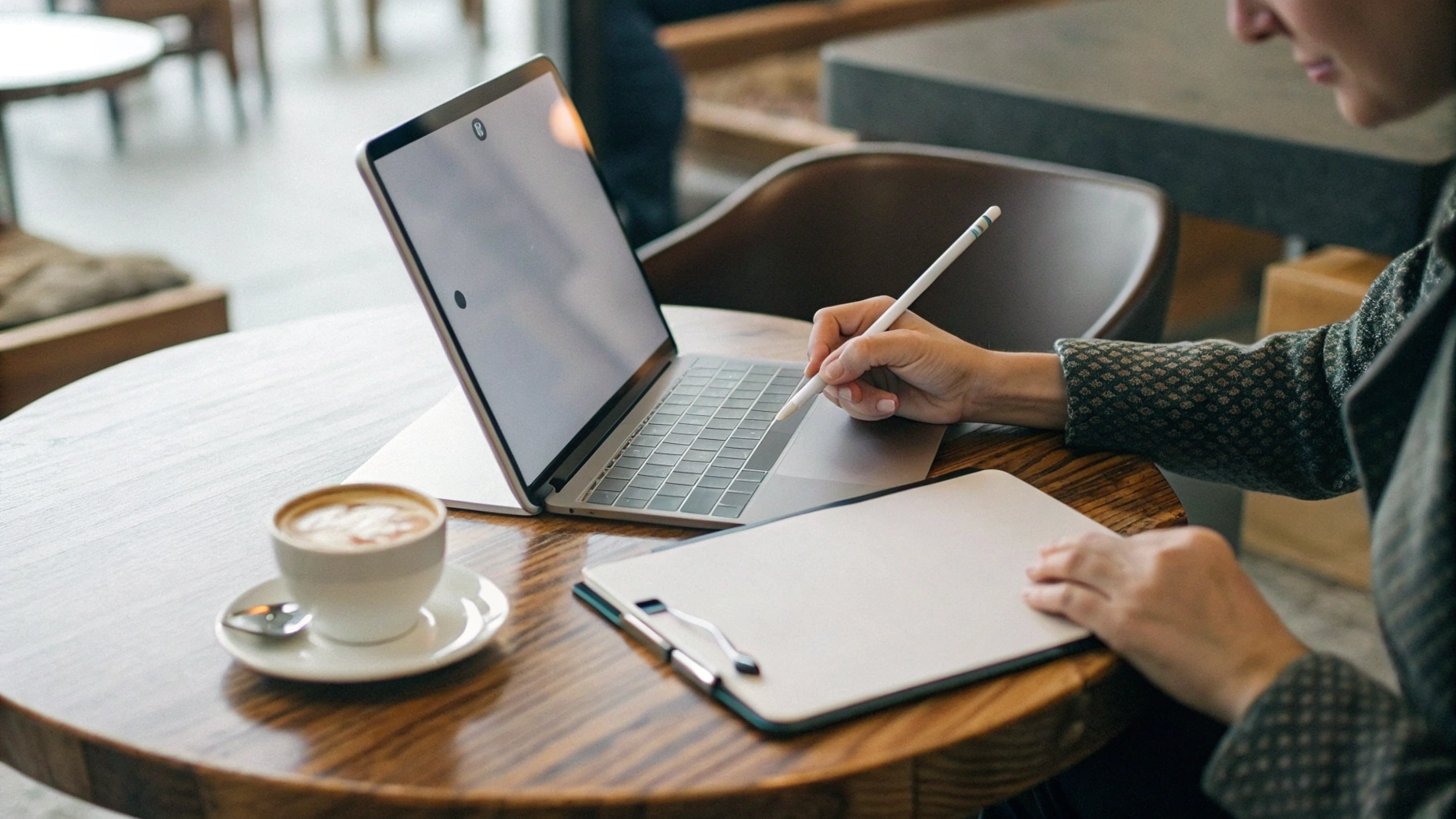 Пользователь работает с документами на iPad Pro и Apple Pencil в кафе, рядом лежит закрытый MacBook Air