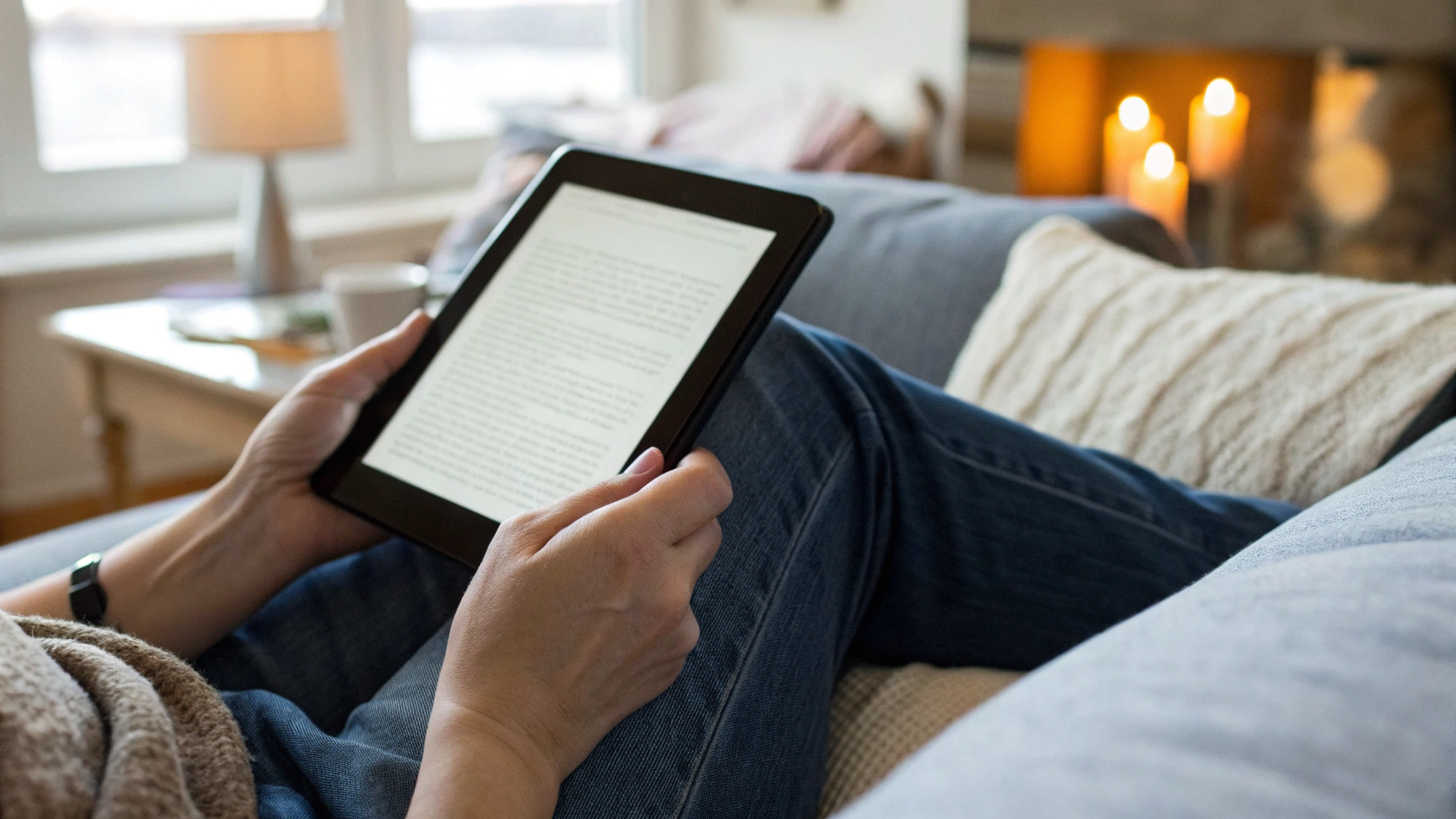 Чтение книги на iPad mini на диване крупным планом