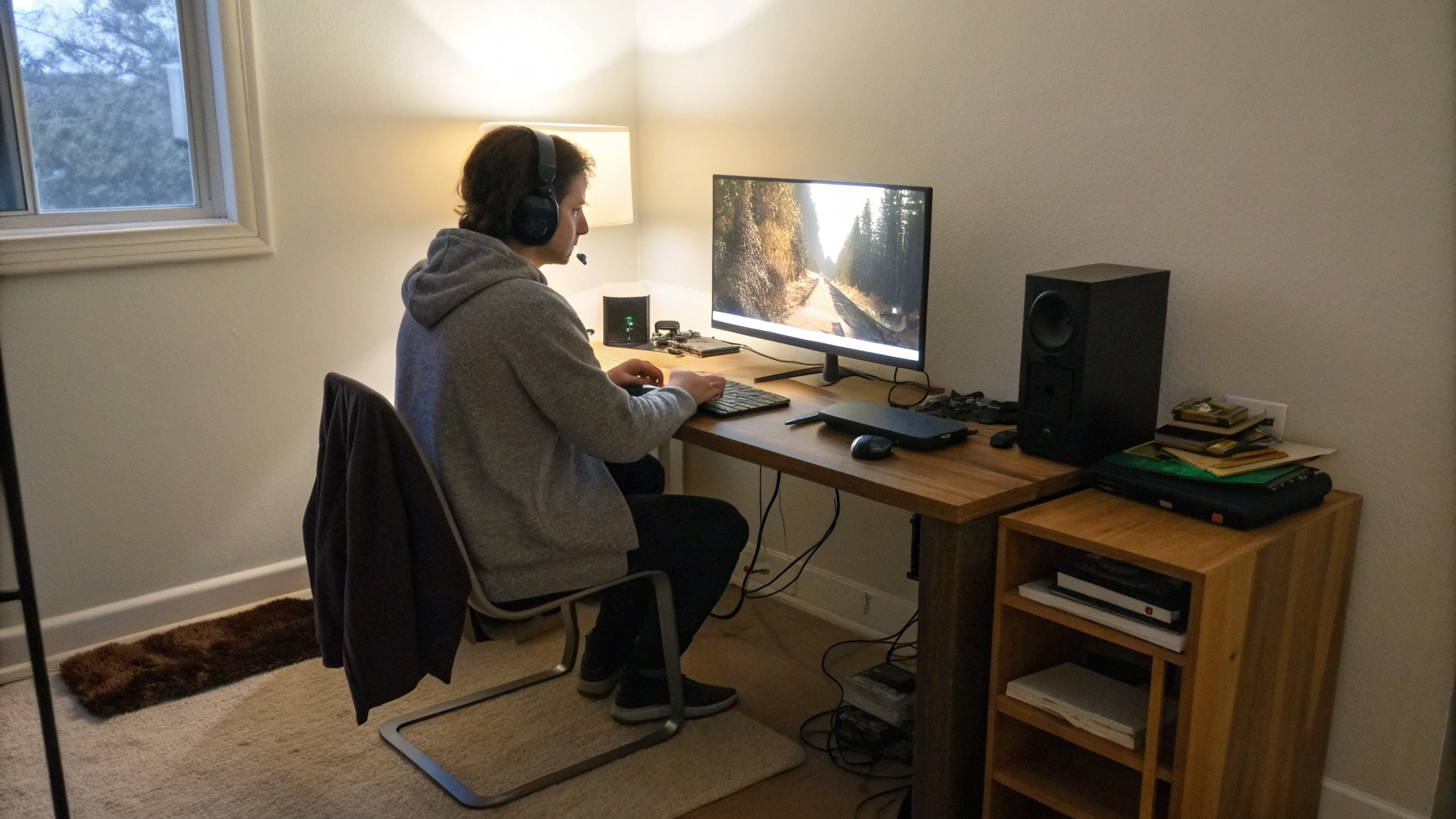 Рабочий стол в небольшой комнате с 27‑дюймовым 4K‑монитором для Mac и игровой консоли