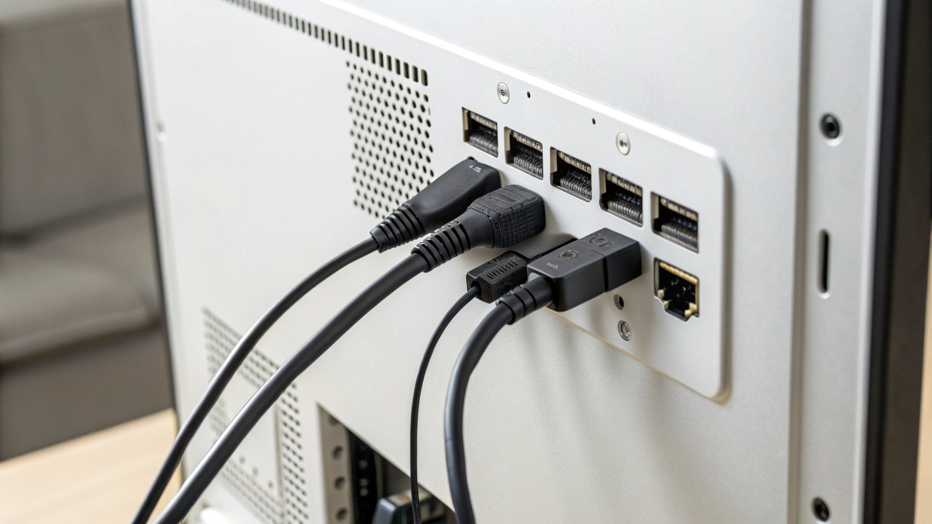 Порты и аккуратная укладка кабелей на задней панели домашнего монитора