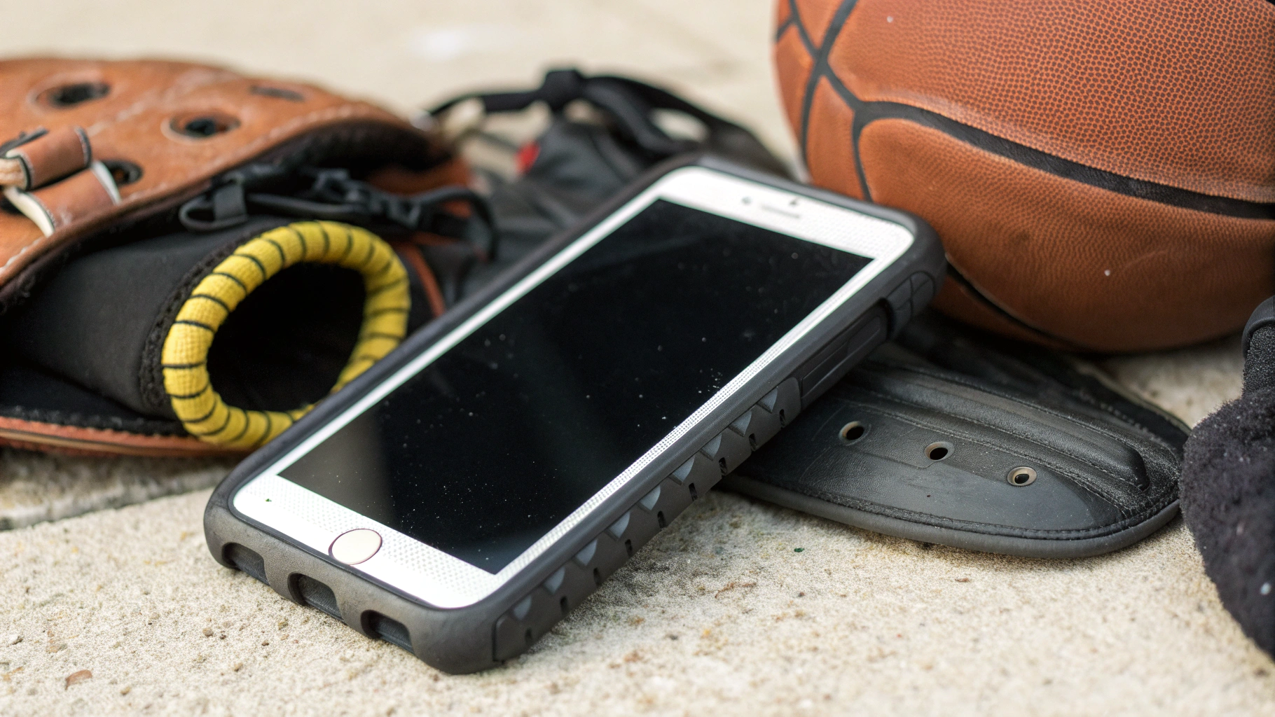 Защищённый смартфон в чехле с защитным стеклом на фоне спортивной экипировки