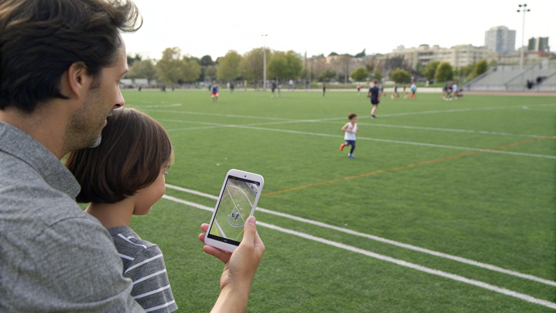 Родитель смотрит на карту с геолокацией ребёнка-спортсмена на экране смартфона