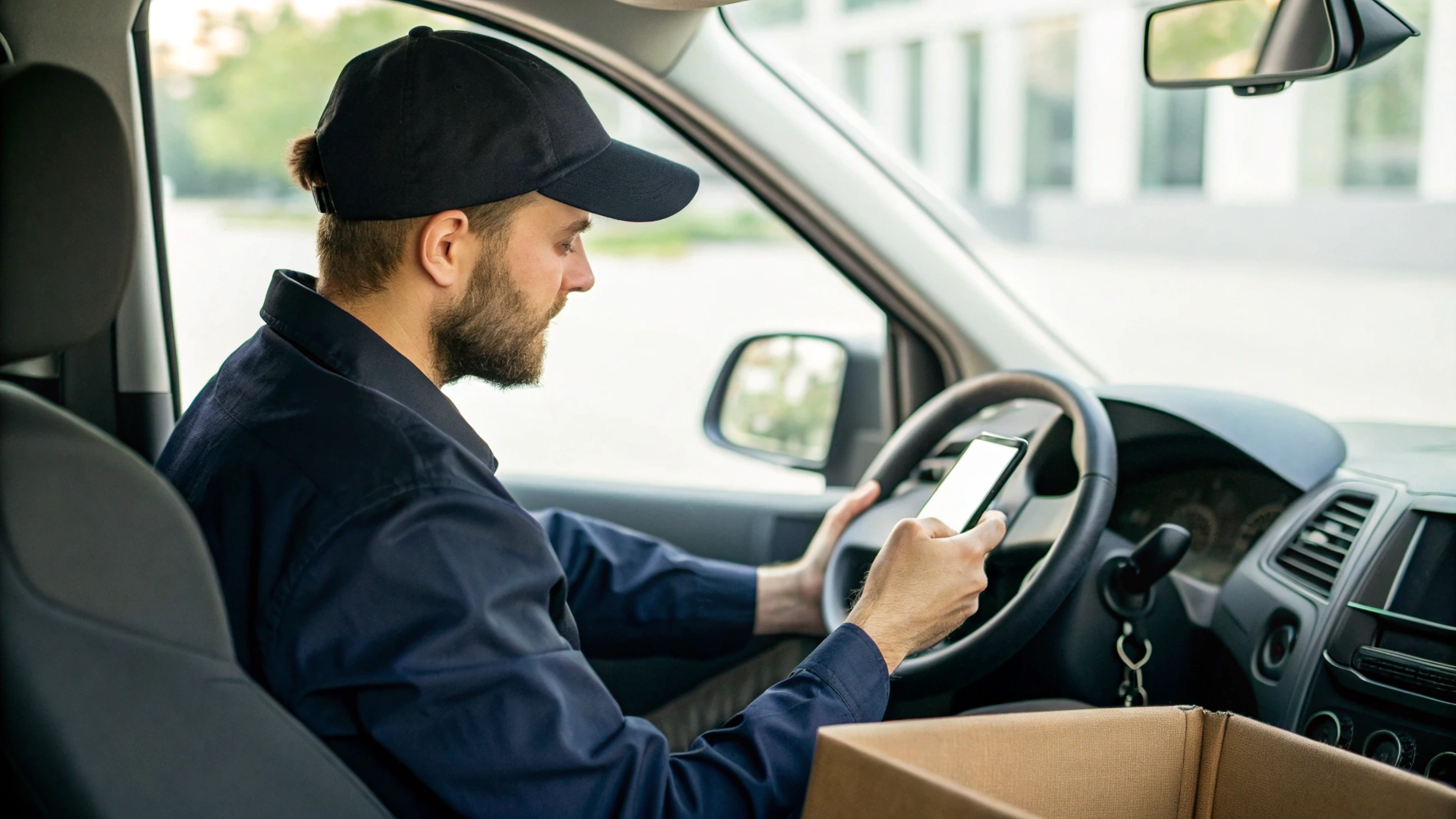 Курьер использует смартфон для навигации и рабочих приложений