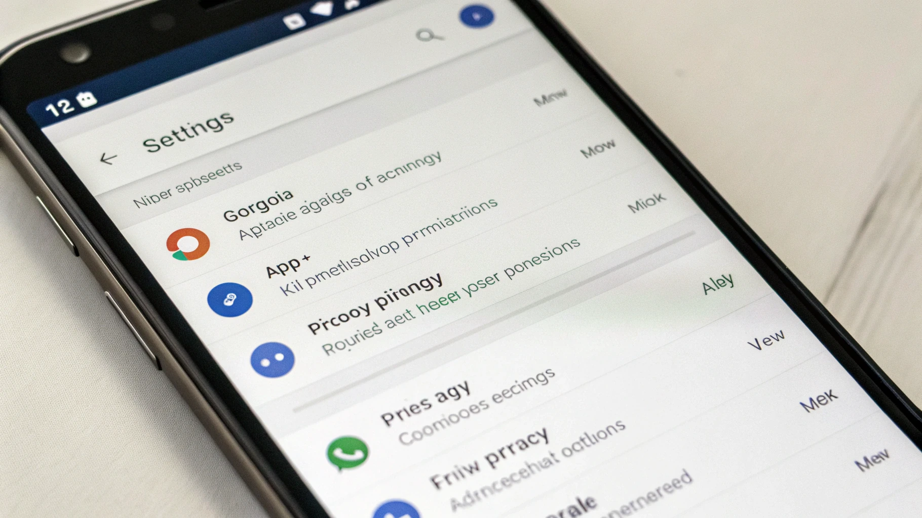 Экран настроек Android с управлением разрешениями приложений и параметрами конфиденциальности