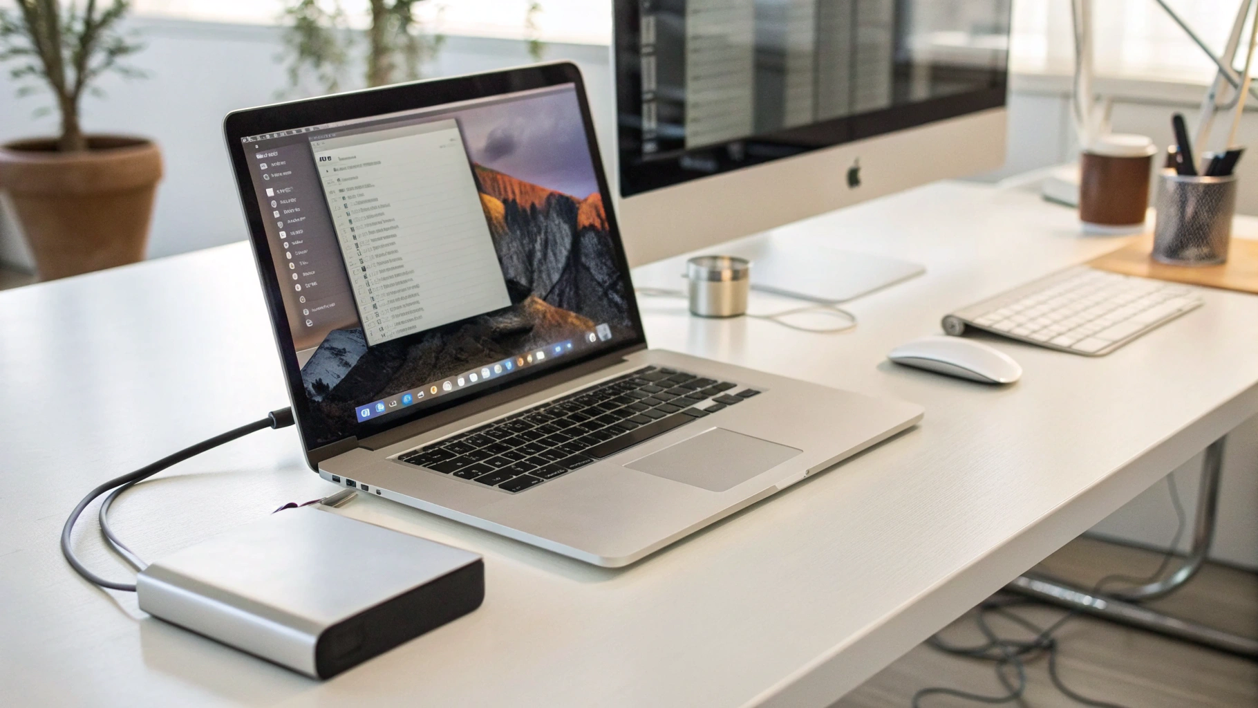 Macbook с подключённым внешним диском и открытыми настройками резервного копирования Time Machine