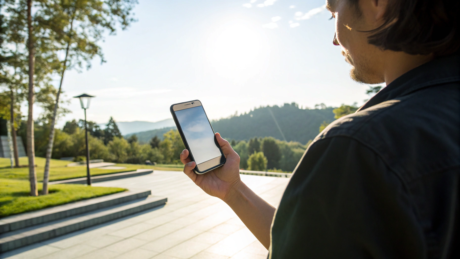 Пользователь с флагманским смартфоном Samsung Galaxy на улице, экран хорошо читаем на солнце