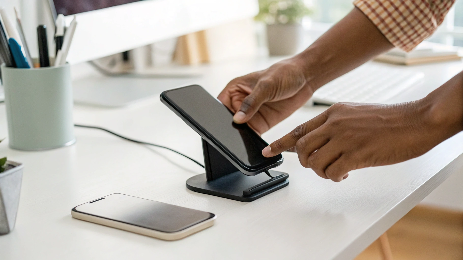 Смартфон устанавливают на вертикальную магнитную Qi2‑подставку на рабочем столе